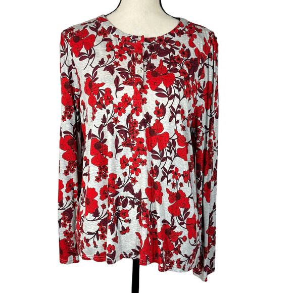Liz Claiborne Large Top Floral Long Sleeve Round Neck Partial Button Lightweight - Picture 1 of 8